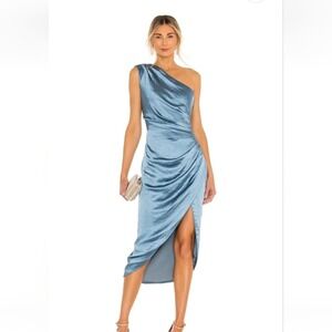 Elliatt Cassini Dress Cadet Blue Size Large NWT One Shoulder Satin Midi